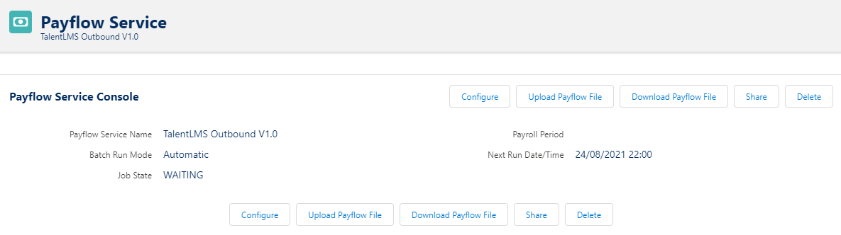 Automated Outbound TalentLMS Payflow Service showing next run date/time. Read more.