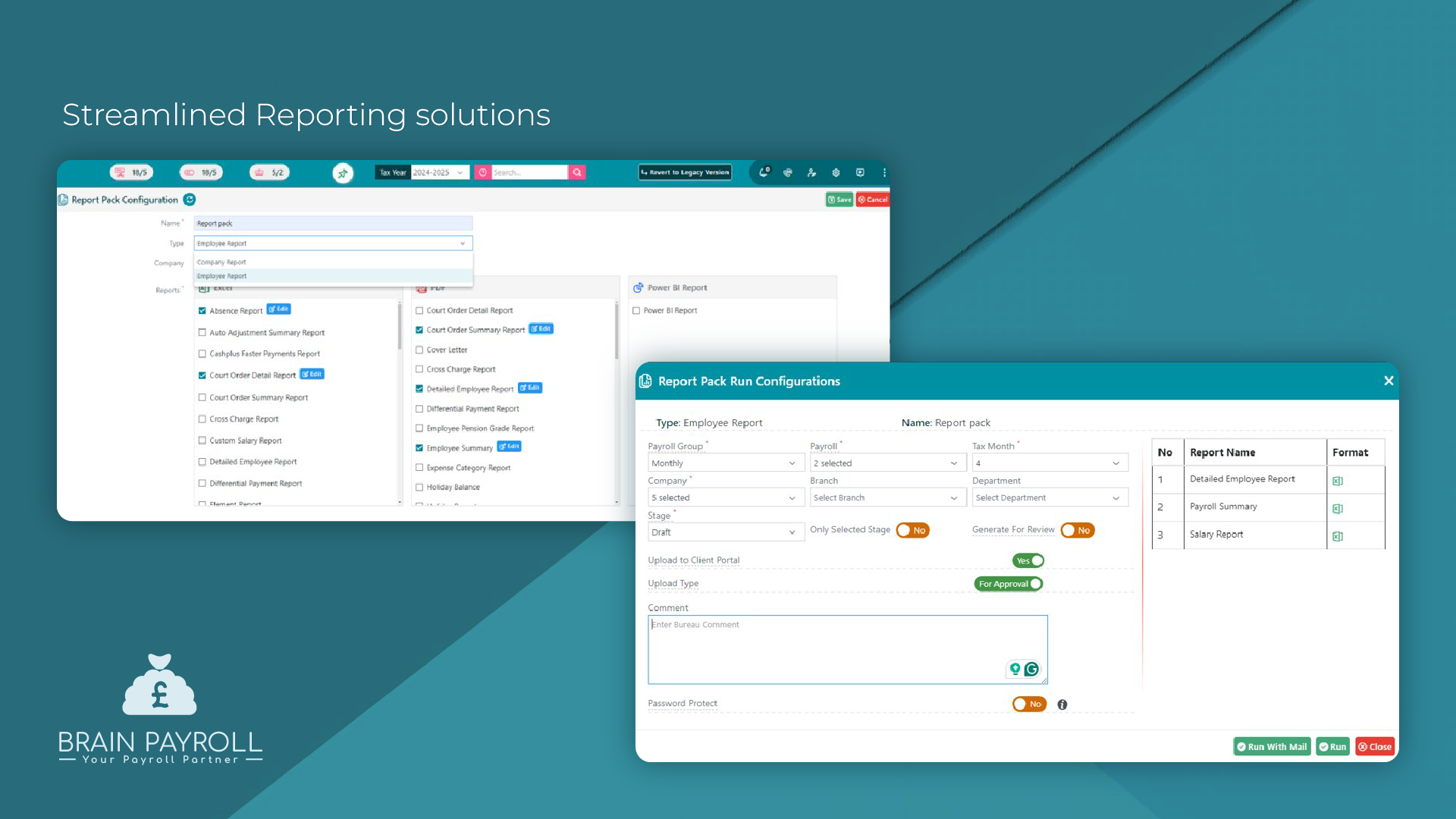 Streamline your business with Brain Payroll's customisable reporting capabilities.