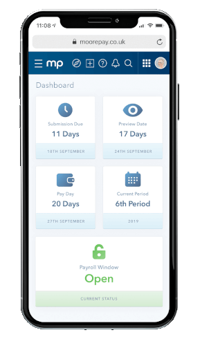 Moorepay Payroll Solutions phone dashboard. Learn more.